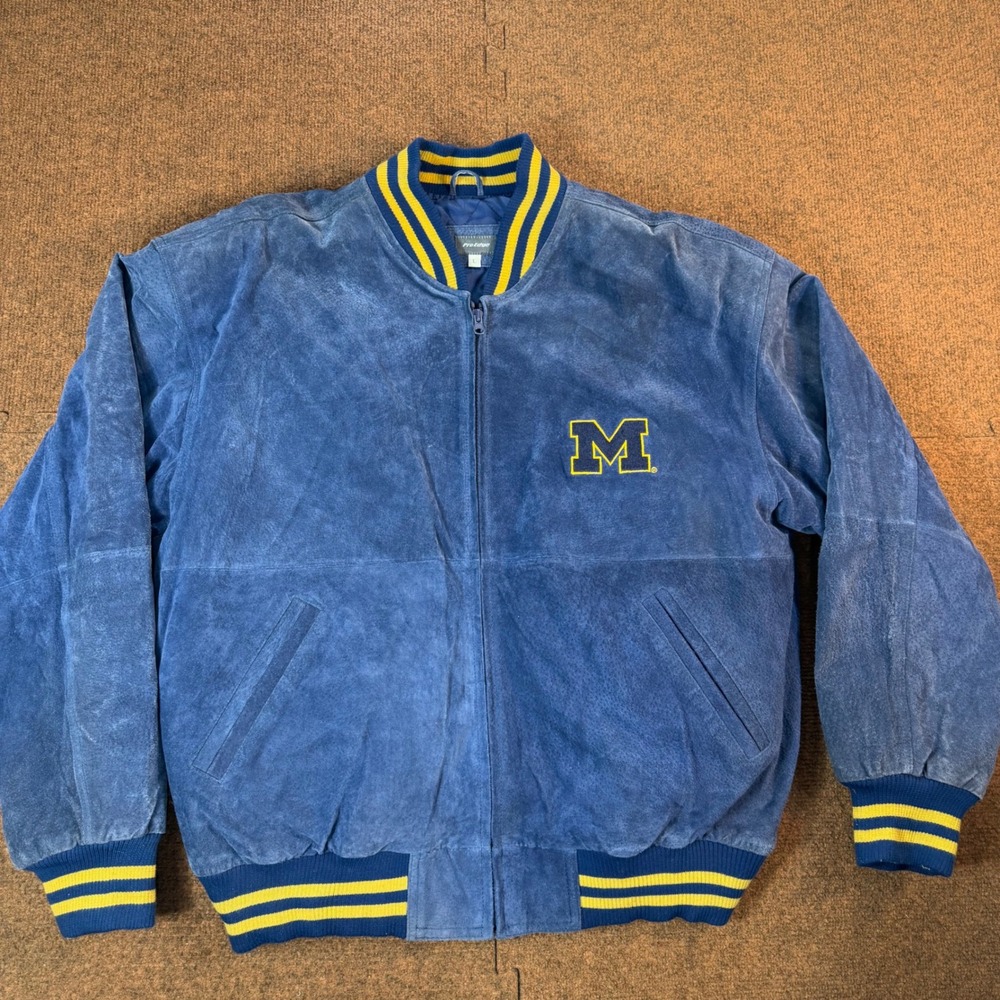 ProEdge Michigan Wolverines Suede Leather Varsity Jacket Mens L Blue Zip Bomber